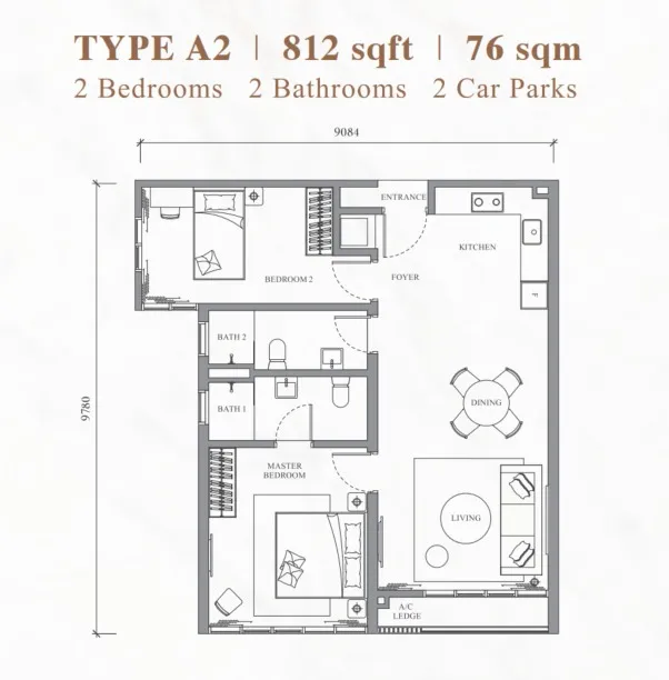 River Park Type A2 floor plan, about 812 sq ft, 2 bedrooms, 2 bathrooms