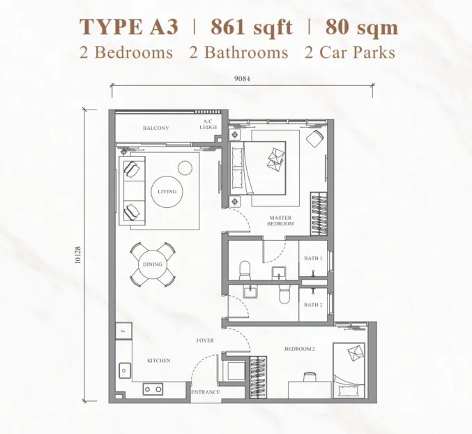 River Park Type A3 floor plan, about 861 sq ft, 2 bedrooms, 2 bathrooms