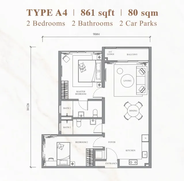 River Park Type A4 floor plan, about 861 sq ft, 2 bedrooms, 2 bathrooms