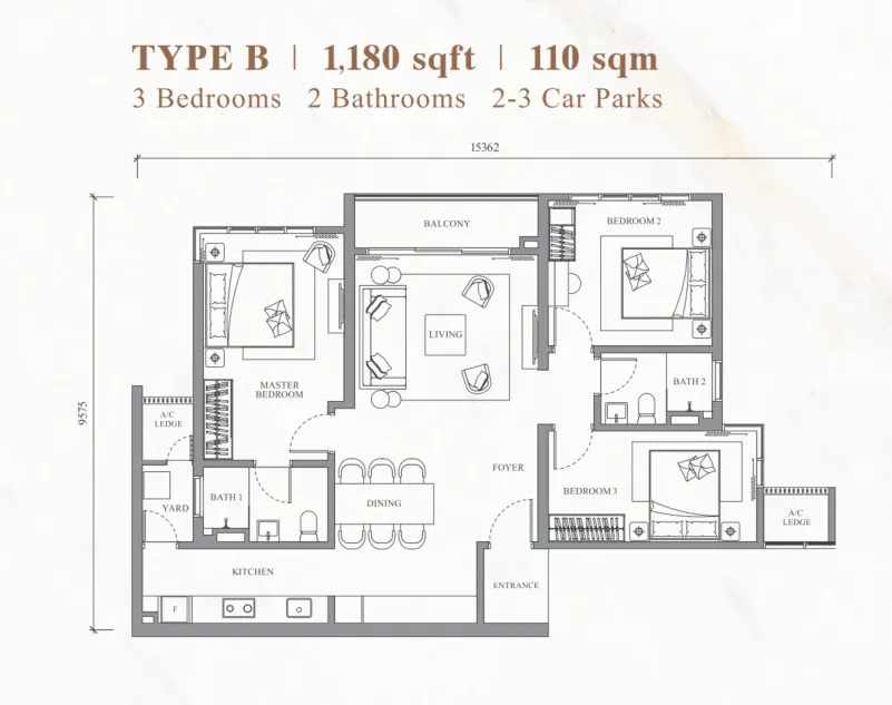 River Park Type B floor plan, about 1180 sq ft, 3 bedrooms, 2 bathrooms