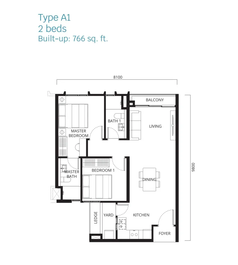 Stellaris Riana Dutamas Type A1 floor plan, about 766 sq ft, 2 bedrooms, 2 bathrooms
