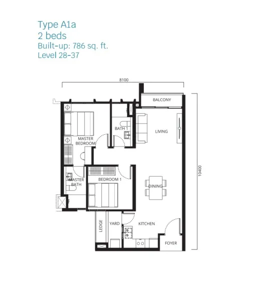 Stellaris Riana Dutamas Type A1a(High Floor) floor plan, about 786 sq ft, 2 bedrooms, 2 bathrooms
