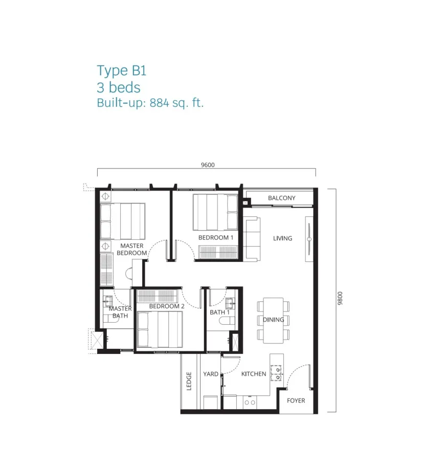 Stellaris Riana Dutamas Type B1 floor plan, about 884 sq ft, 3 bedrooms, 2 bathrooms
