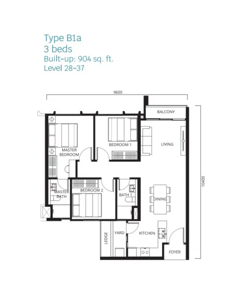 Stellaris Riana Dutamas Type B1a(High Floor) floor plan, about 904 sq ft, 3 bedrooms, 2 bathrooms