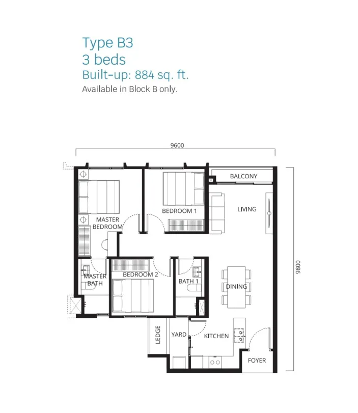 Stellaris Riana Dutamas Type B3 floor plan, about 884 sq ft, 3 bedrooms, 2 bathrooms