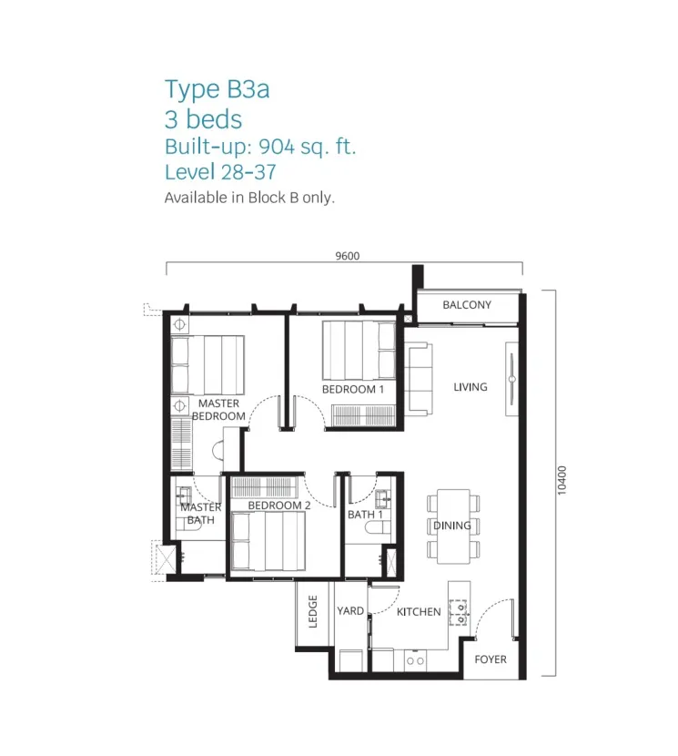 Stellaris Riana Dutamas Type B3a(High Floor) floor plan, about 904 sq ft, 3 bedrooms, 2 bathrooms