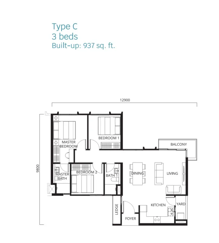 Stellaris Riana Dutamas Type C floor plan, about 937 sq ft, 3 bedrooms, 2 bathrooms
