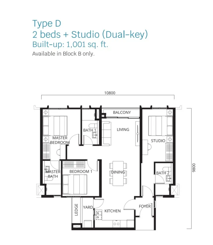 Stellaris Riana Dutamas Type D(Dual Key) floor plan, about 1001 sq ft, 3 bathrooms