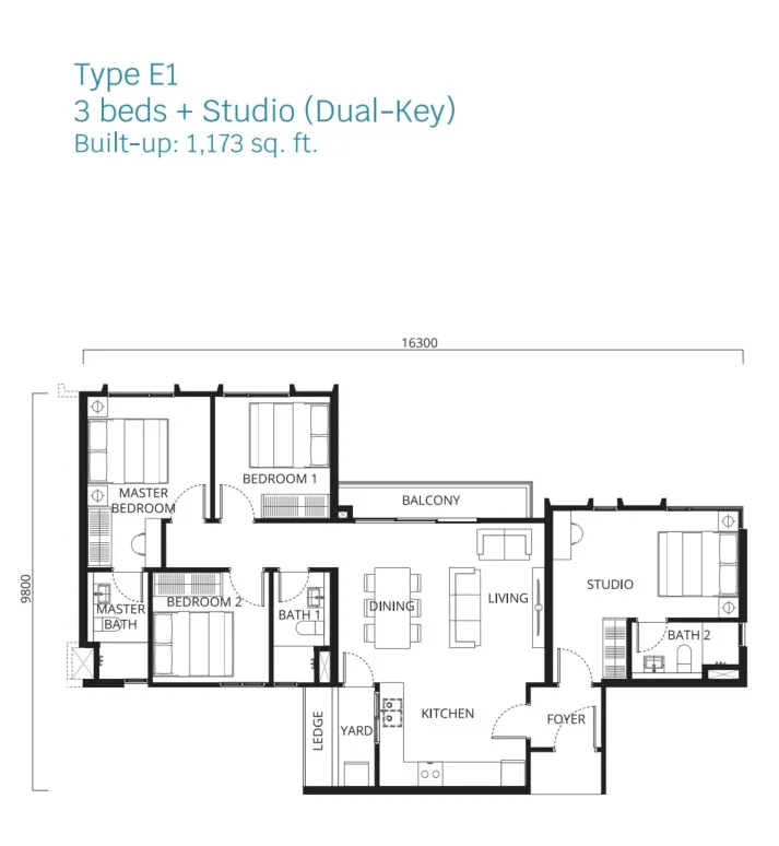 Stellaris Riana Dutamas Type E1(Dual Key) floor plan, about 1173 sq ft, 3 bathrooms