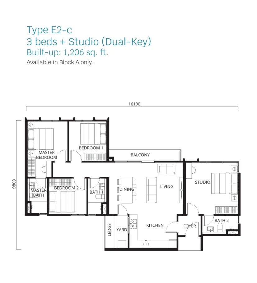Stellaris Riana Dutamas Type C floor plan, about 937 sq ft, 3 bedrooms, 2 bathrooms