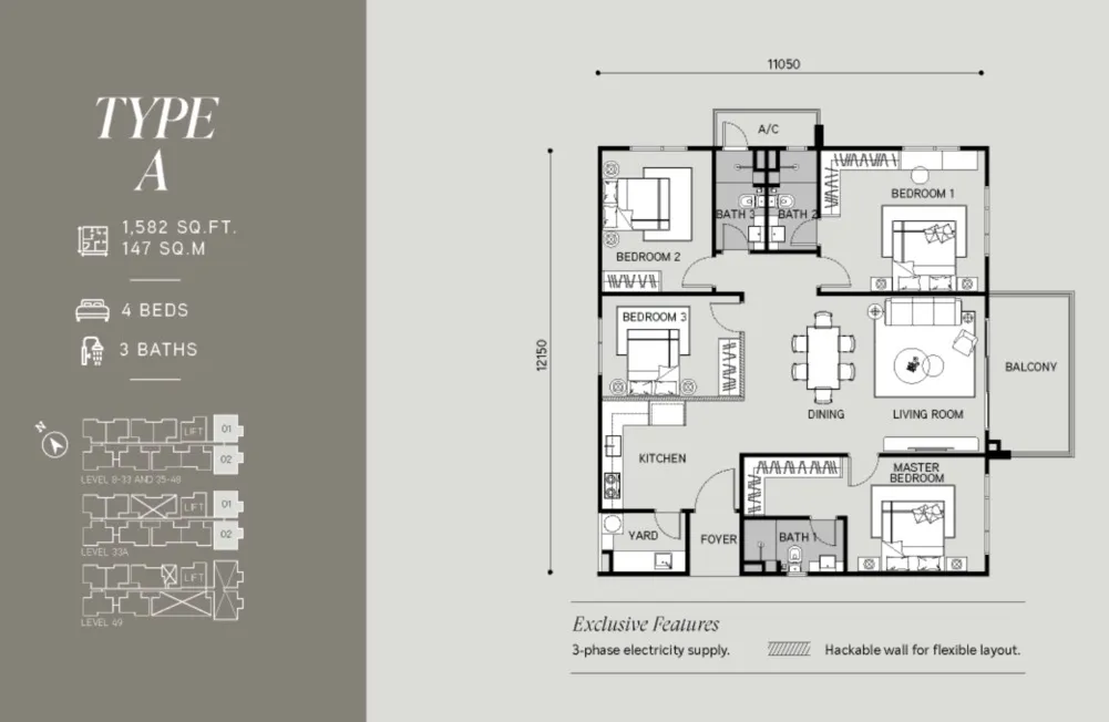 Tangen Residence Type A floor plan, about 1582 sq ft, 4 bedrooms, 3 bathrooms