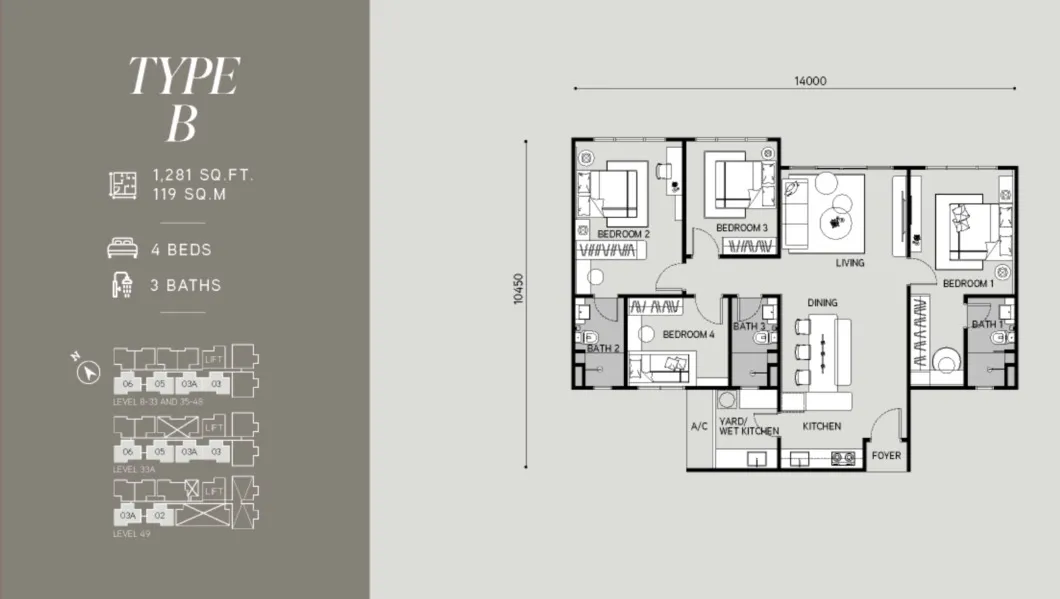 Tangen Residence Type B floor plan, about 1281 sq ft, 4 bedrooms, 3 bathrooms