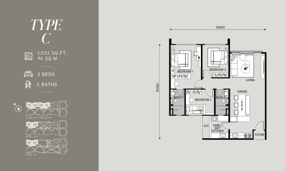 Tangen Residence Type C floor plan, about 1033 sq ft, 3 bedrooms, 2 bathrooms