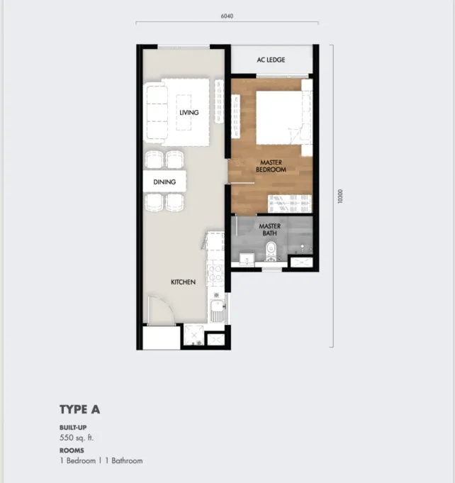 Tujuh Residences Type A floor plan, about 550 sq ft, 1 bedroom, 1 bathroom