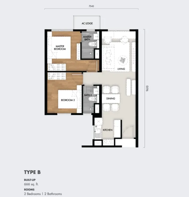 Tujuh Residences Type B floor plan, about 666 sq ft, 2 bedrooms, 2 bathrooms