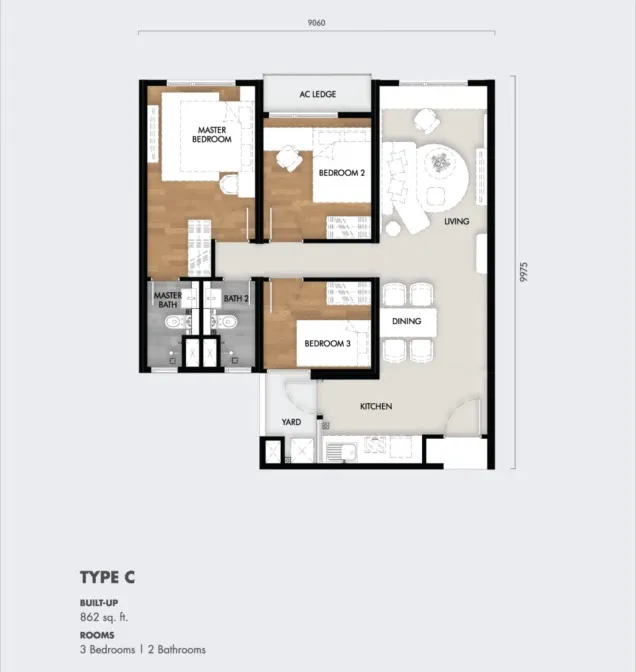 Tujuh Residences Type C floor plan, about 862 sq ft, 3 bedrooms, 2 bathrooms