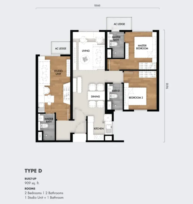 Tujuh Residences Type D(Dual Key) floor plan, about 909 sq ft, 3 bedrooms, 3 bathrooms
