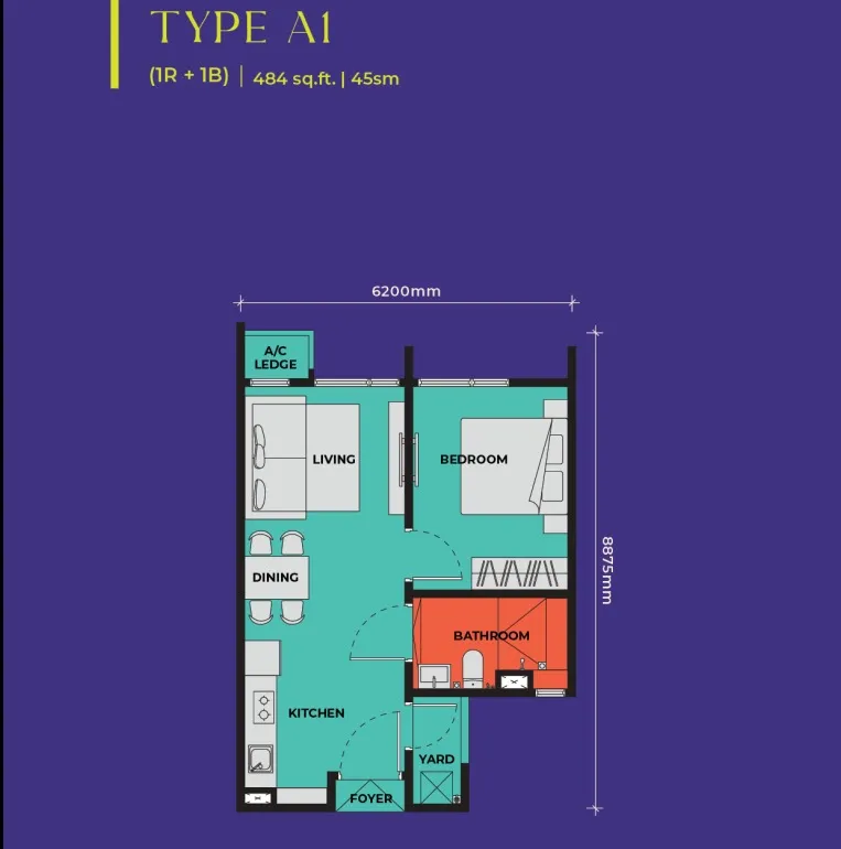 The Vividz Type A1 floor plan, about 484 sq ft, 1 bedroom, 1 bathroom