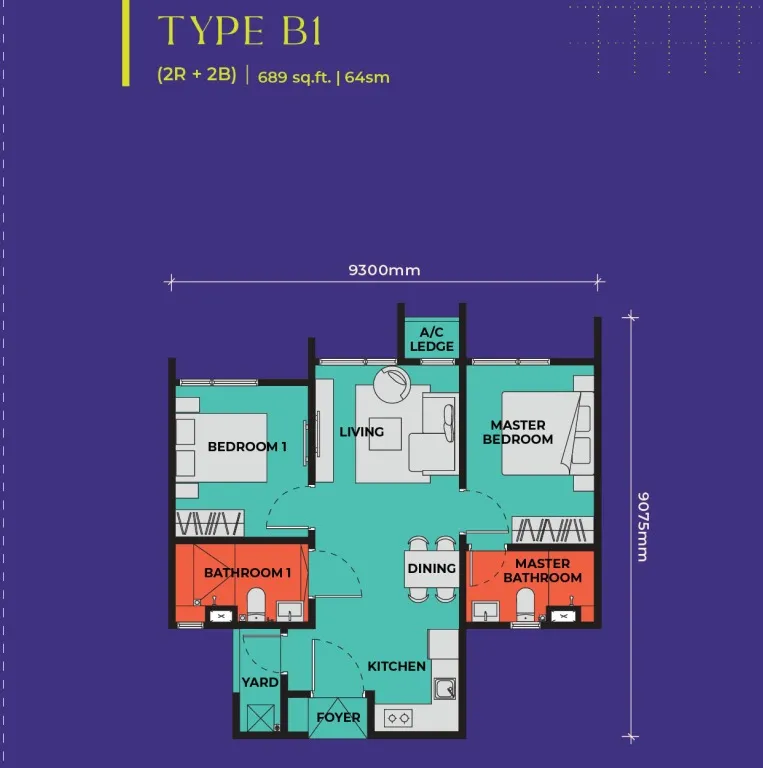 The Vividz Type B1 floor plan, about 689 sq ft, 2 bedrooms, 2 bathrooms