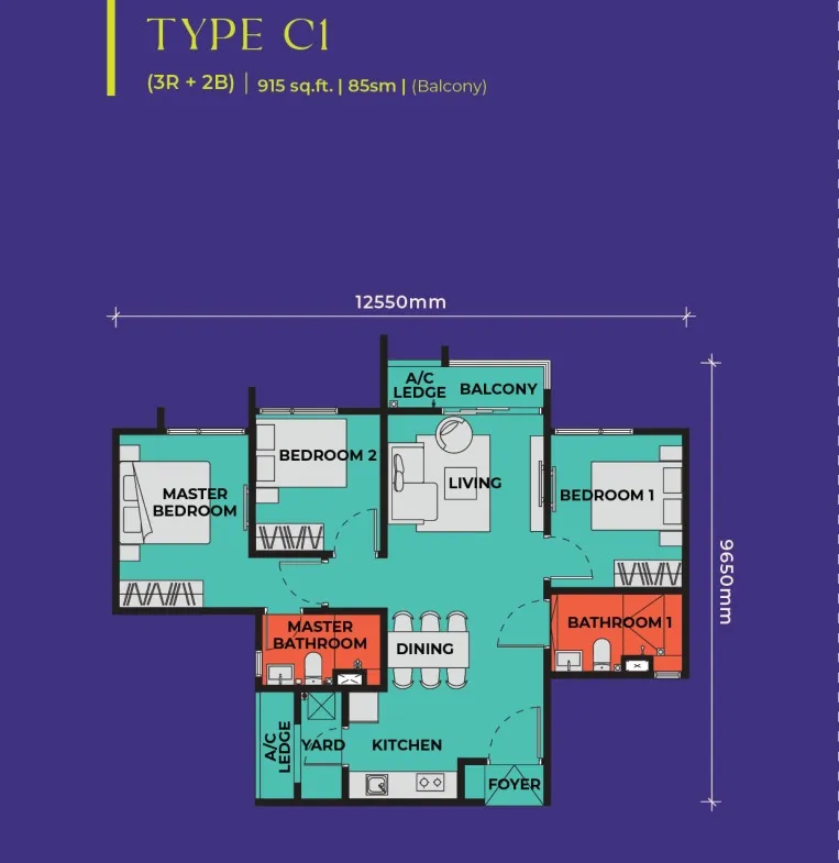 The Vividz Type C1(Balcony) floor plan, about 915 sq ft, 3 bedrooms, 2 bathrooms