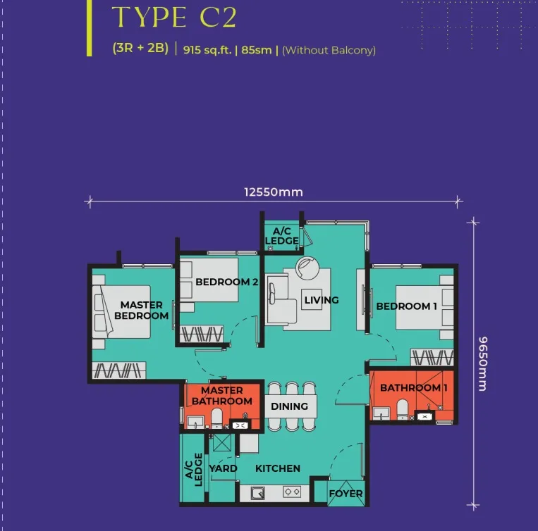 The Vividz Type C2(Without Balcony) floor plan, about 915 sq ft, 3 bedrooms, 2 bathrooms