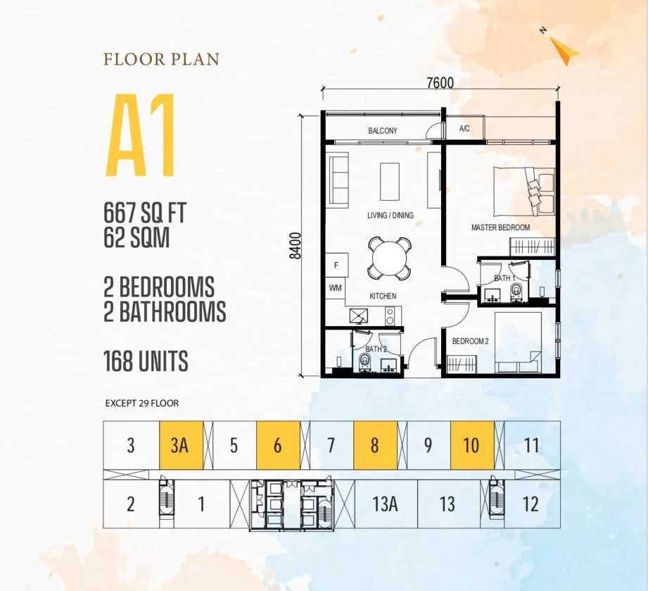 Vox Type A1 floor plan, about 667 sq ft, 2 bedrooms, 2 bathrooms