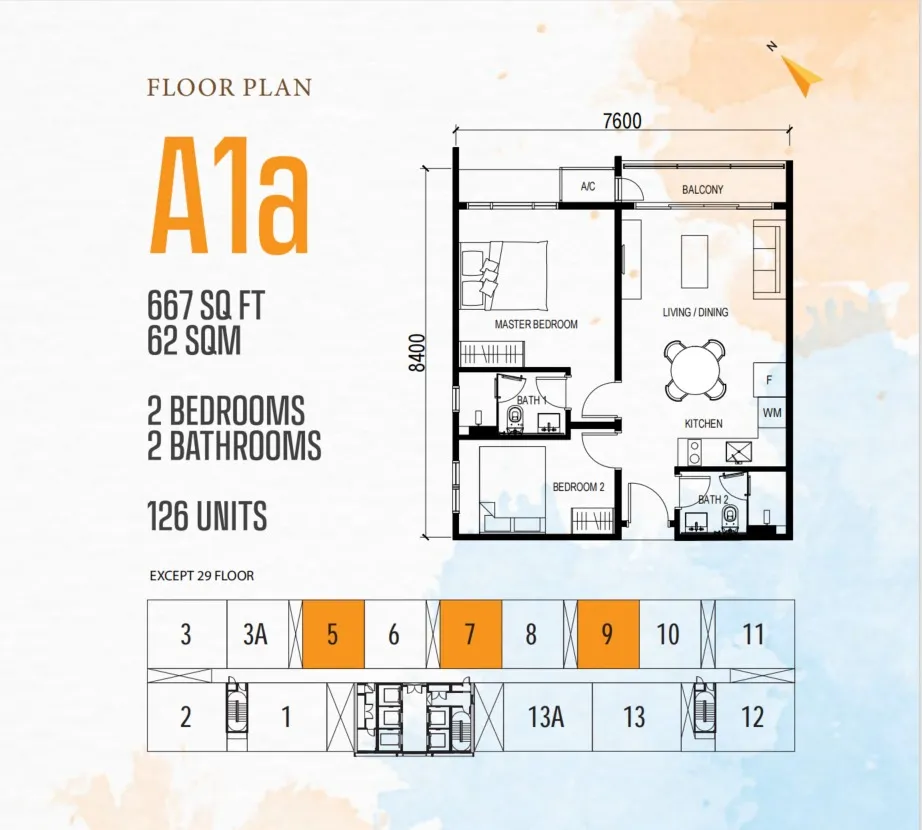 Vox Type A1a floor plan, about 667 sq ft, 2 bedrooms, 2 bathrooms