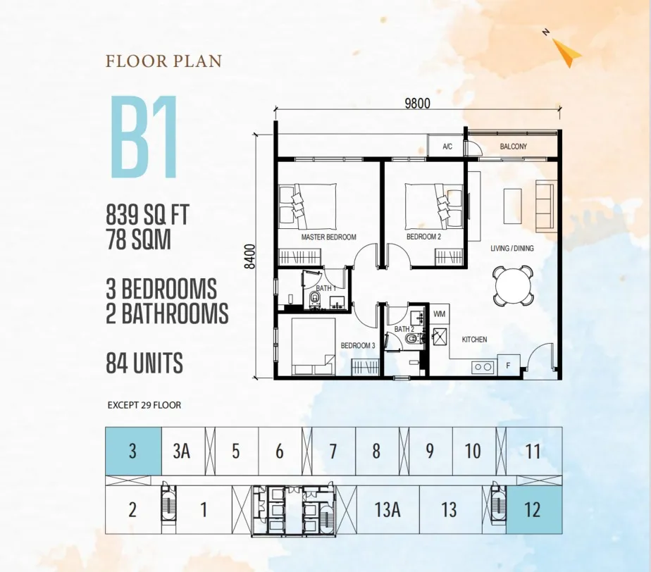Vox Type B1 floor plan, about 839 sq ft, 3 bedrooms, 2 bathrooms