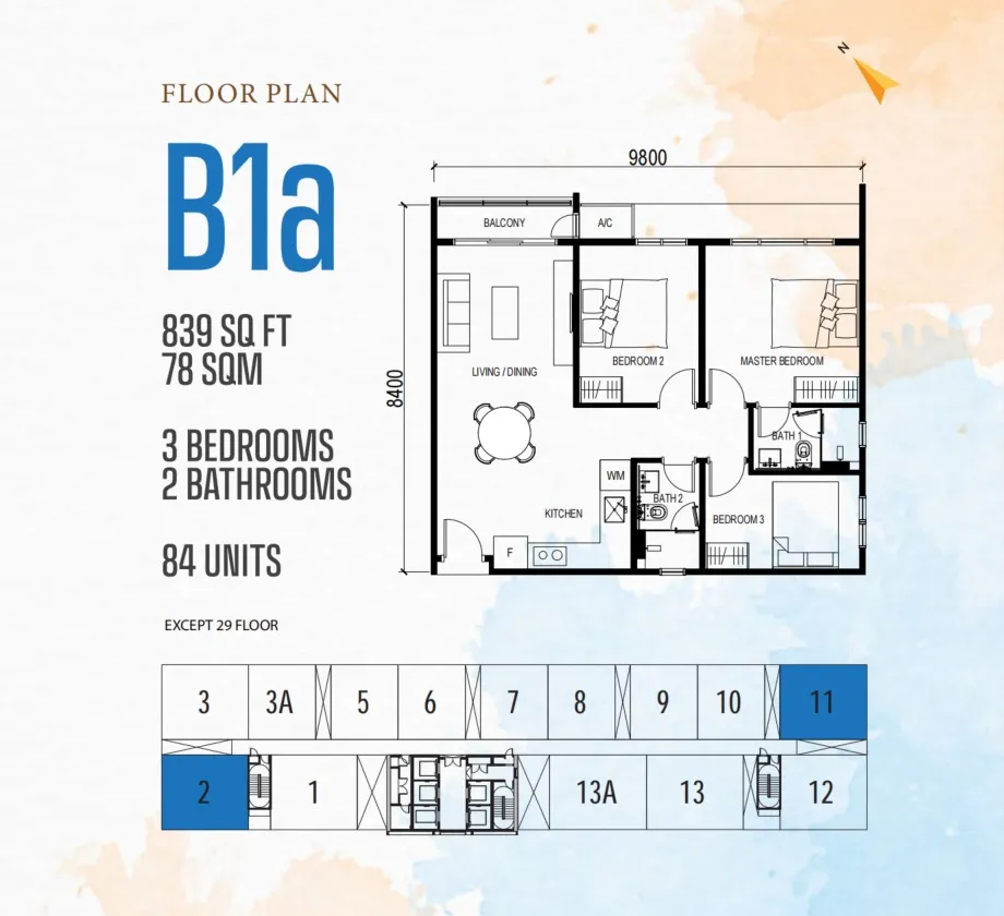 Vox Type B1a floor plan, about 839 sq ft, 3 bedrooms, 2 bathrooms
