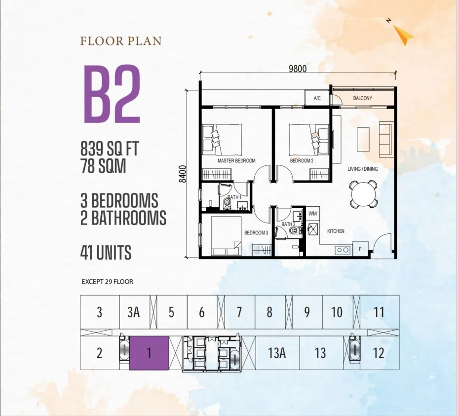 Vox Type B2 floor plan, about 839 sq ft, 3 bedrooms, 2 bathrooms