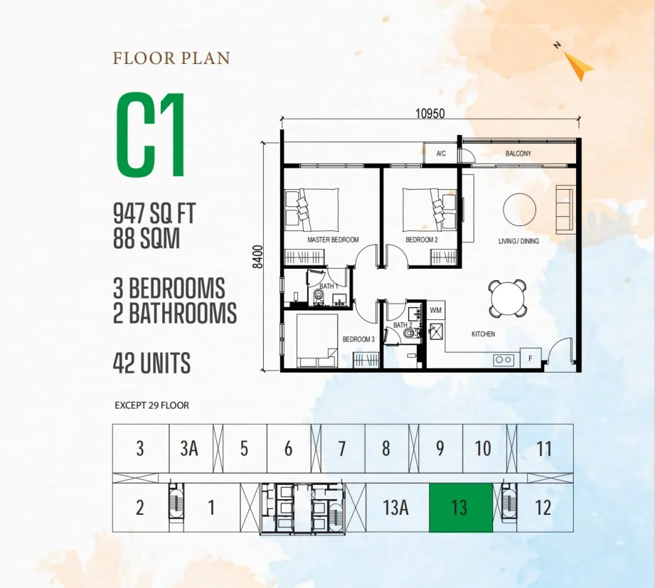Vox Type C1 floor plan, about 947 sq ft, 3 bedrooms, 2 bathrooms