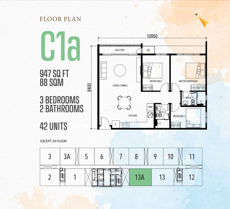 Vox Type C1a floor plan, about 947 sq ft, 3 bedrooms, 2 bathrooms