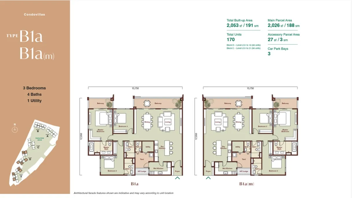 Zenia Damansara Type B1/B1a/B2(Condovilla) floor plan, about 2053 sq ft, 3 bedrooms, 4 bathrooms