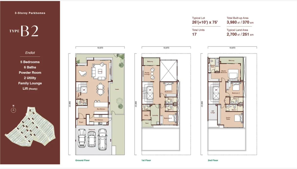 Zenia Damansara Type B2(Parkhome (Endlot)) floor plan, about 3980 sq ft, 5 bedrooms, 6 bathrooms