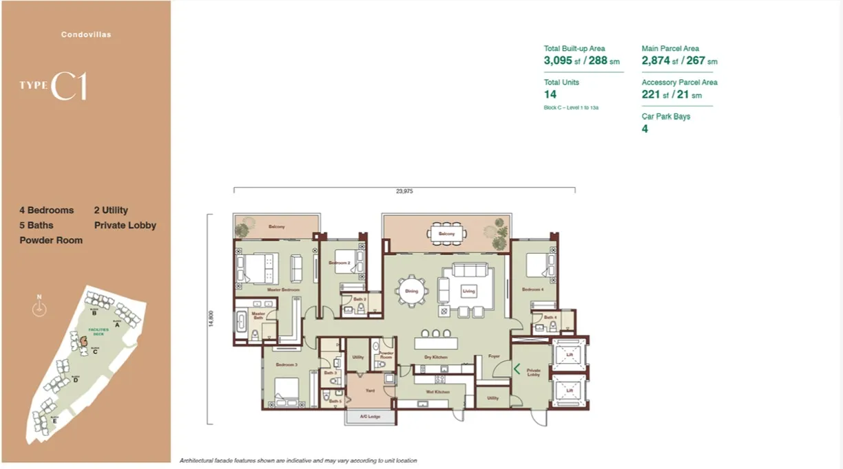 Zenia Damansara Type C2(Condovilla) floor plan, about 3657 sq ft, 5 bathrooms