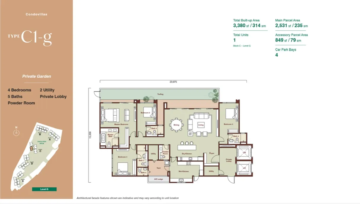 Zenia Damansara Type C1(Condovilla) floor plan, about 3095 sq ft, 4 bedrooms, 5 bathrooms