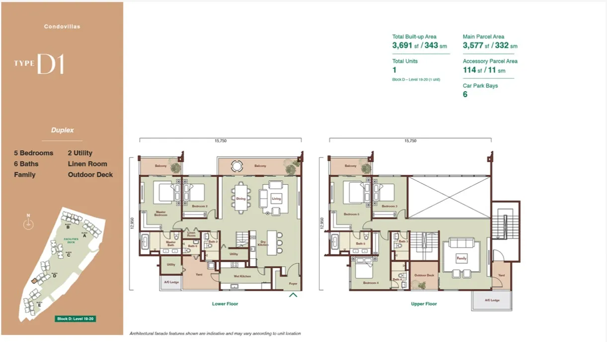 Zenia Damansara Type D1(Condovilla (Duplex)) floor plan, about 3691 sq ft, 5 bedrooms, 6 bathrooms