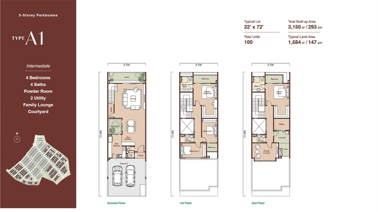 Zenia Damansara Type A1(Parkhome (Intermediate)) floor plan, about 3150 sq ft, 4 bedrooms, 4 bathrooms